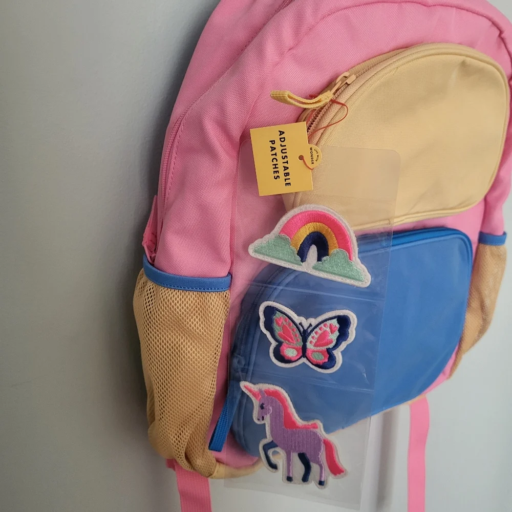 Cat & Jack Girls backpack adjustable patches School Travel Camp Pink Blue Yellow